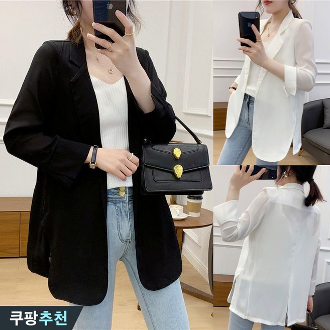 150kg까지 빅사이즈 여성 쉬폰 떨어지는 하프 자켓 여름 편한 아이보리 날씬해보이는 루즈핏 통기성 오피스룩 정장 자외선 차단 심플 뒷트임 얇은 언밸 루즈핏 패션 캐주얼 잠바