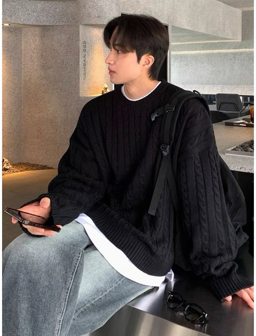 【Gshop.】黑色2XL日系麻花套頭毛衣 男士冬季保暖寬鬆上衣 韓版圓領針織衫