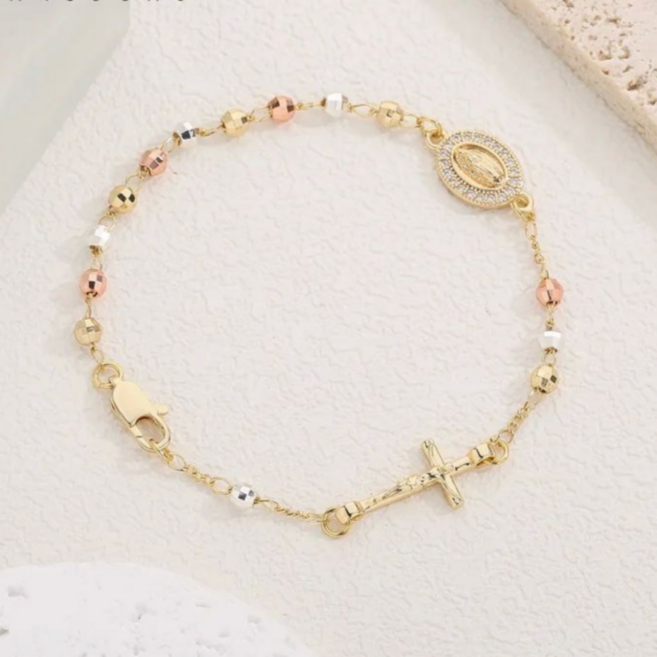 묵주팔찌 성모마리아 천주교 십자가 성당 묵주 팔찌 여성, 1개, 묵주팔찌 금색 타원형