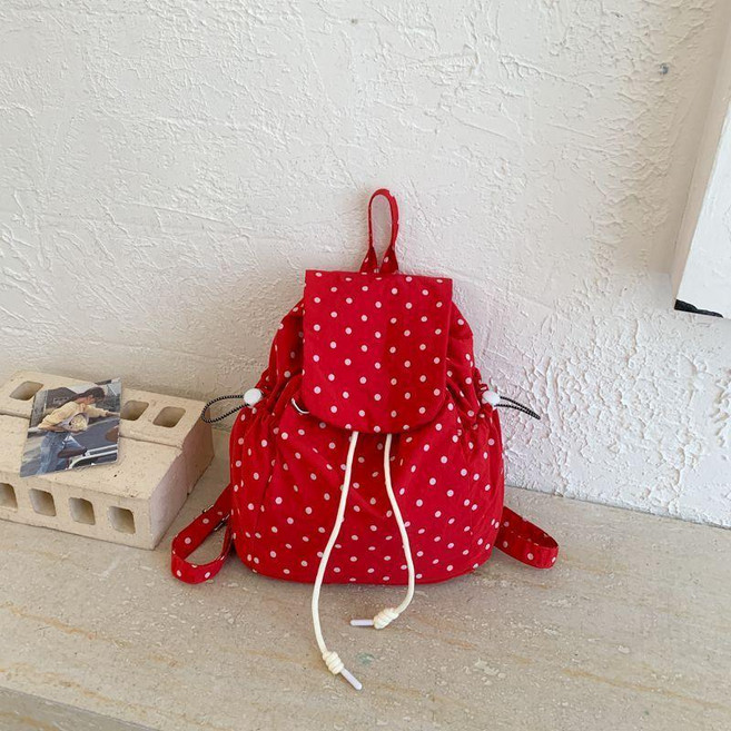 韓系ins風可愛波點雙肩包 大容量上學通勤書包女, 紅色,小號