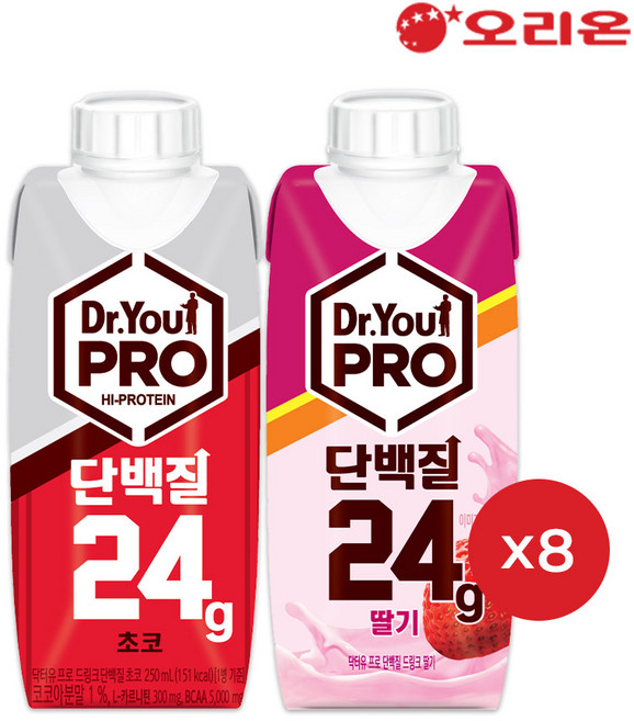 오리온 닥터유 프로 드링크 단백질 초코맛(250ml)+딸기맛 각 8팩, 250ml, 16개