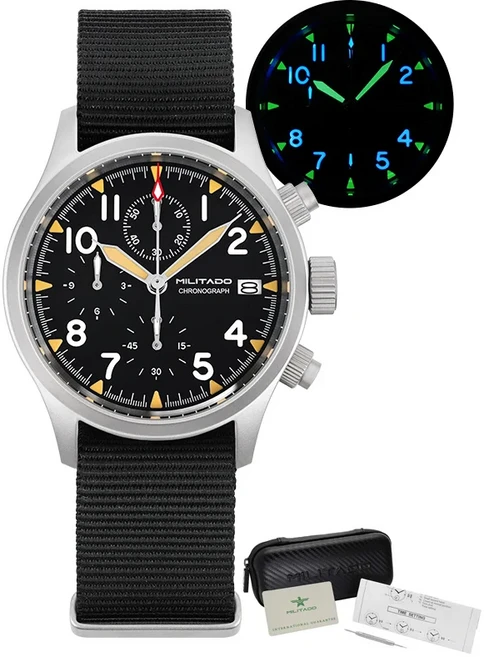 밀리타도 ML1868KF 3 다이얼 크로노그래프 스포츠 시계 VK67 스윕 쿼츠 사파이어 글래스 방수 BGW9 39mm 빈, 04 BK Nylon With Date