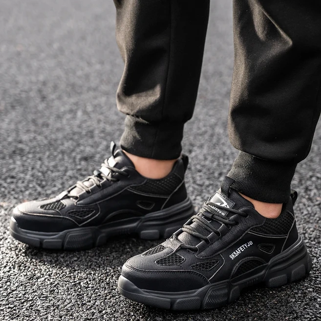 안전 신발 남성 작업 부츠 강철 발가락 펑크 방지 에어 쿠션 보호 운동화 경량 작업 신발 블랙 사이즈 40-4, 02 46, 01 검정색