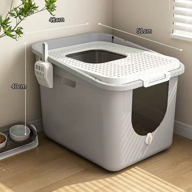 YUMDE 고양이 화장실 반려동물 고양이 모래 대야 후드형 배변통, 1개, 회색