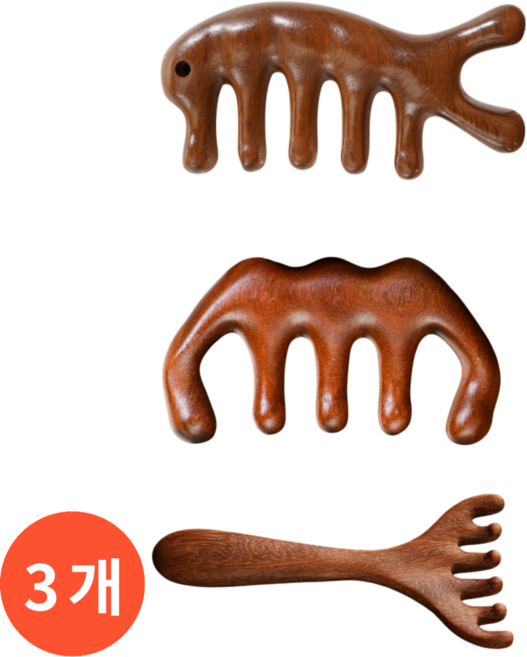 오어브랜드 두피 얼굴 페이스 바디 마사지기 나무 우드 원목 괄사, 브라운, 3개