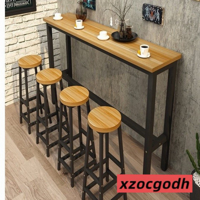 吧檯桌 長條桌 靠牆吧檯桌 商用奶茶店 陽台 家用 窄桌 簡約, 長寬高140*40*100桌子+凳子3個, 1個