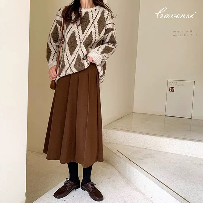 Cavensi 秋冬加厚毛呢褶皺A字中長裙
