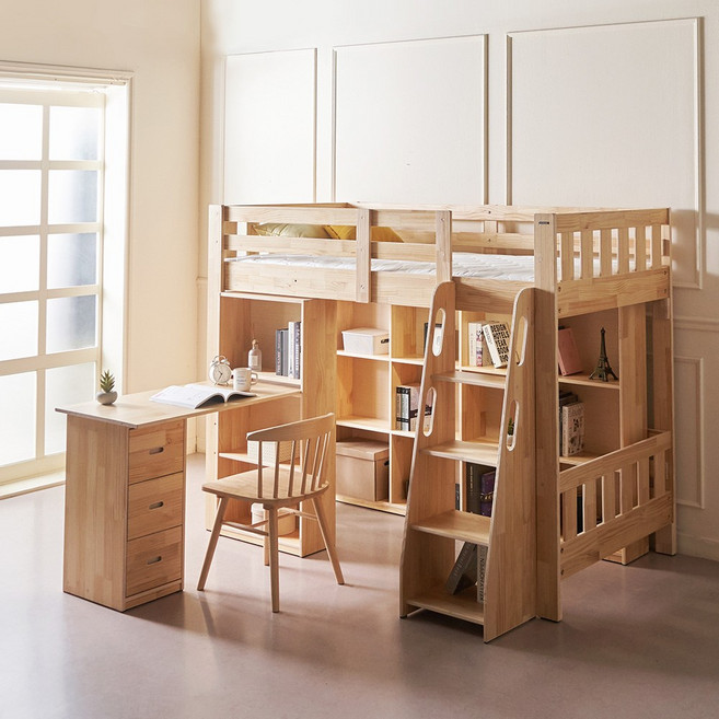 [에보니아] 플로 원목 벙커침대 싱글/슈퍼싱글 (책상 책장 서랍장 옵션선택), SS_메모리폼7T+책상세트+책장3단와이드