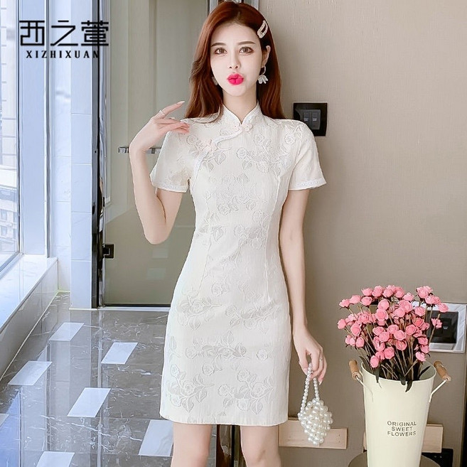 三禾 法式國風改良旗袍洋裝 女氣質短袖, 838米白,XL