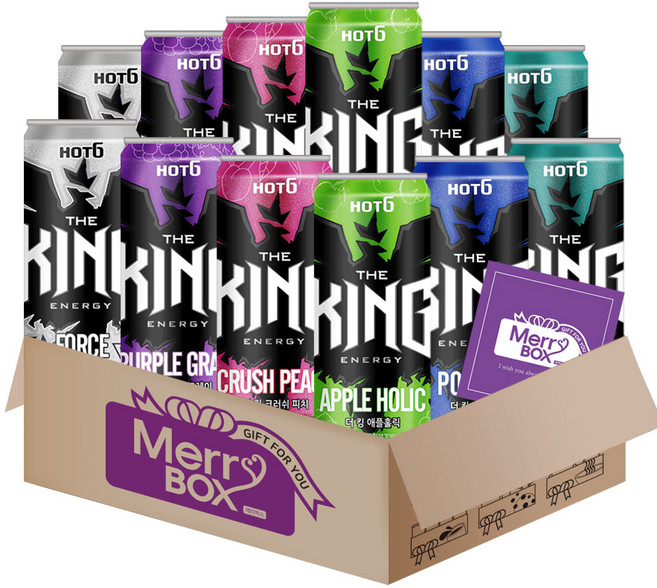 [메리박스] 핫식스더킹 에너지드링크 세트 1호 12개 (포스+퍼플+피치+애플+파워+러쉬)+메세지카드, 1세트, 355ml