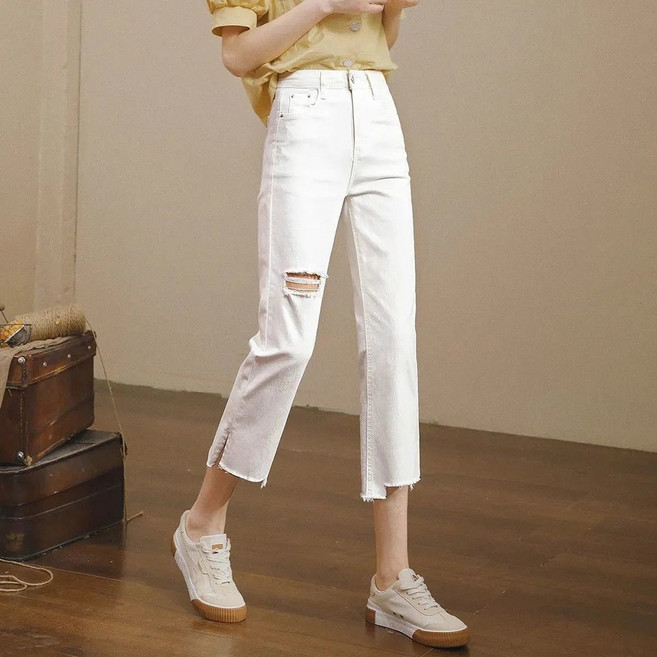 셀럽당 여자 바지 여름 일자 팬츠 얇은 8부 절개 청바지 S02202