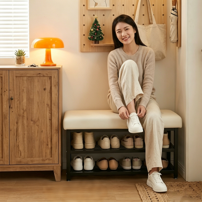 하루꿈 심플 현관 신발장 다용도 의자 수납 벤치형 정리대 좁은공간 낮은 간이 신발장, 아이보리 60cm, 2단