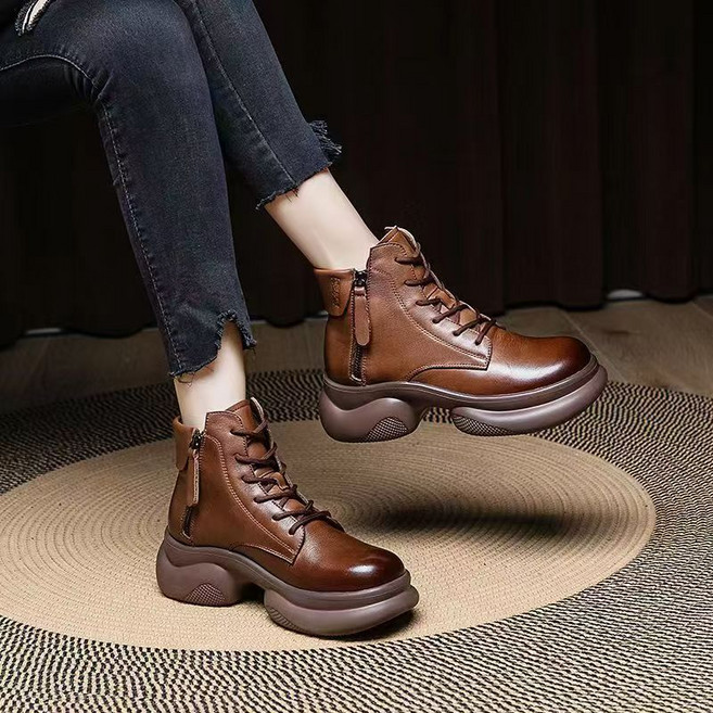 AREVI추동여성 워커 빈티지 통굽 기모 키높이 미끄럼 방지가죽 패션 보온 캐주얼 부츠-5CM