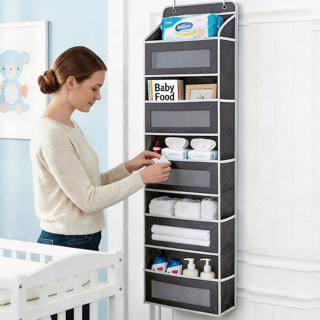 YOPENCE다용도 패브릭 문걸이 수납 선반 수건 정리함 5단 틈새 문뒤 수납장, 진한 회색, 1개