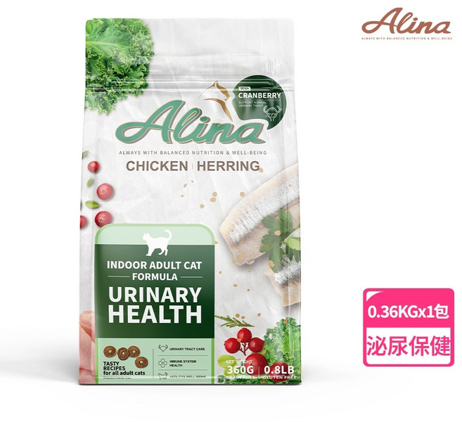 Alina 艾萊納 成貓泌尿保健配方貓飼料 雞肉+鯡魚, 1個, 成貓｜泌尿 雞+鯡魚 360G, 360G, 混合口味