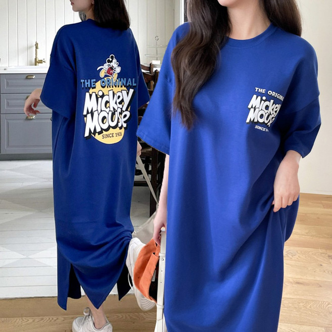 국산 디즈니정품 미키마우스 옆트임 반팔 롱 원피스 빅사이즈