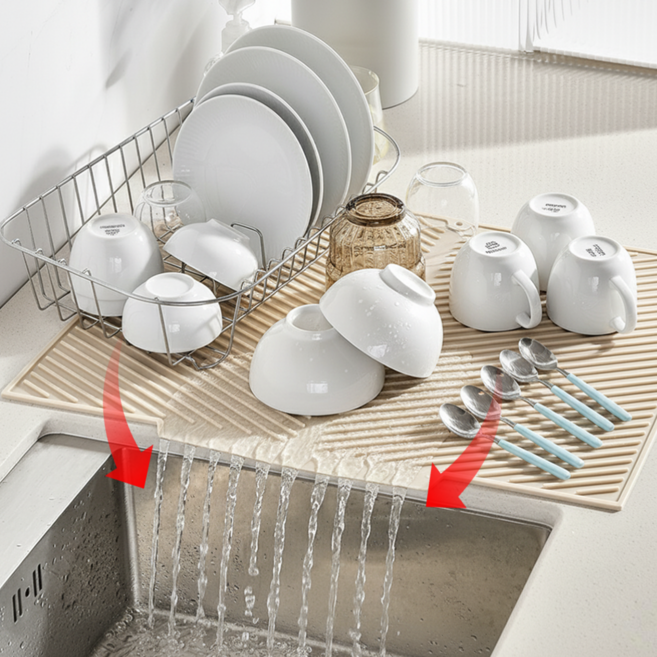 홈앤로그 빠른배수 미끄럼방지 실리콘 식기 건조 매트, 1개, 아이보리, 1단