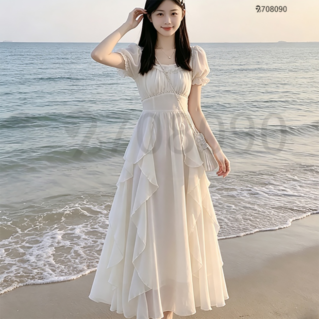 708090 여성 화이트 부드러운 롱 원피스