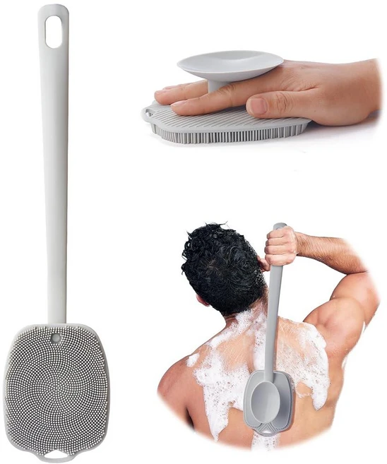 ARIOSOX 샤워용 실리콘 백 스크러버 탈착식 롱 핸들 바디 스크럽 브러시 샤워 각질 제거 및 메시지를 위한 이중 목적 전체 세척 - 그레이 - 쿠팡