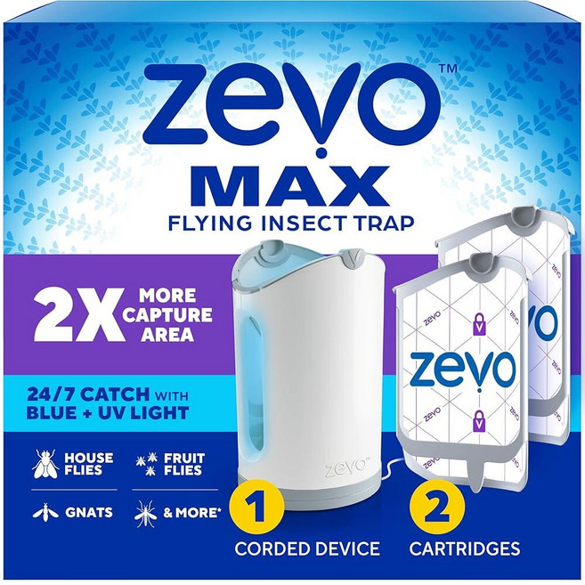 Zevo MAX 실내용 벌레 포수 및 파리 트랩 - 모기 집 및 초파리를 위한 날아다니는 곤충 트랩 - 모든 방에서 사용 - 지저분해지지 않는 처리기(플러그 인 베이스 1개, Zevo MAX 실내용 벌레 포수 및 파리 트랩 - 모