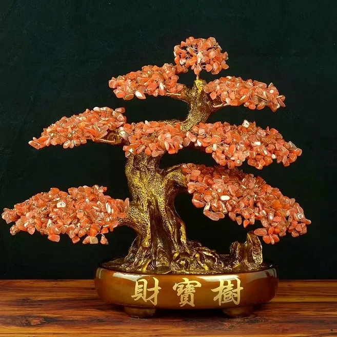 天然黃水晶發財樹 擺件, 咖啡底天然瑪瑙紅財寶樹 大粒