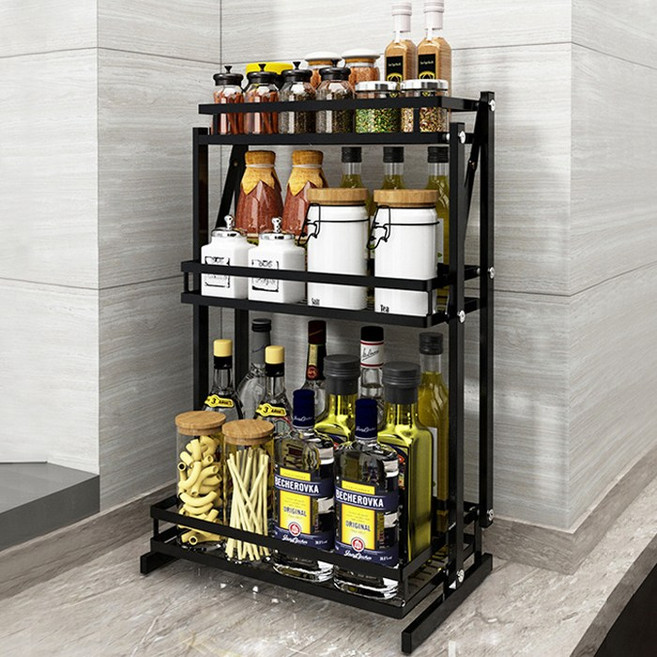 비텐 스테인레스 블랙 접이식 양념통정리대 폴딩주방선반 양념통선반, 3단, 베이직