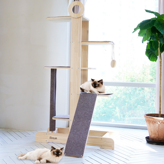 더따슴 옵션없는 국내제작 고양이 원목 캣타워 아방가르드T, 브라운, 1개