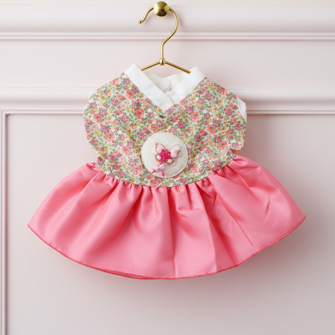 로미엄 국내제작 반려동물 고급 플라워 한복 올인원 원피스, 1개, 핑크-원피스