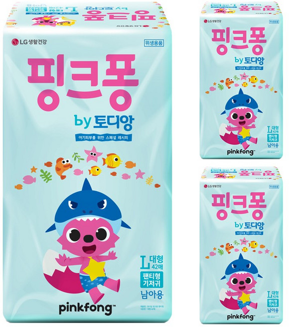 토디앙 핑크퐁 팬티 남아용 일회용 기저귀, 대형(L), 126매