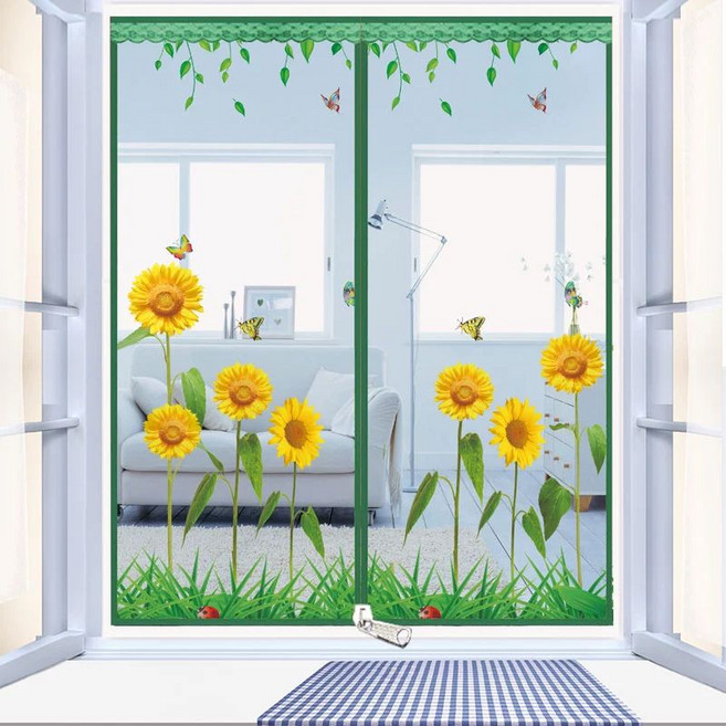 붙이는 대형 찍찍이 벨크로 창문 모기장 샤시 커튼 벌레 먼지 방지망 창문형 커텐 방충망, 1개, 지퍼 해바라기