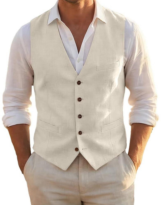 Aowdoy Men Casual Linen Vest Suit Vests Regular Fit Beach Wedding Waistcoat For Mens Groomsmen Par