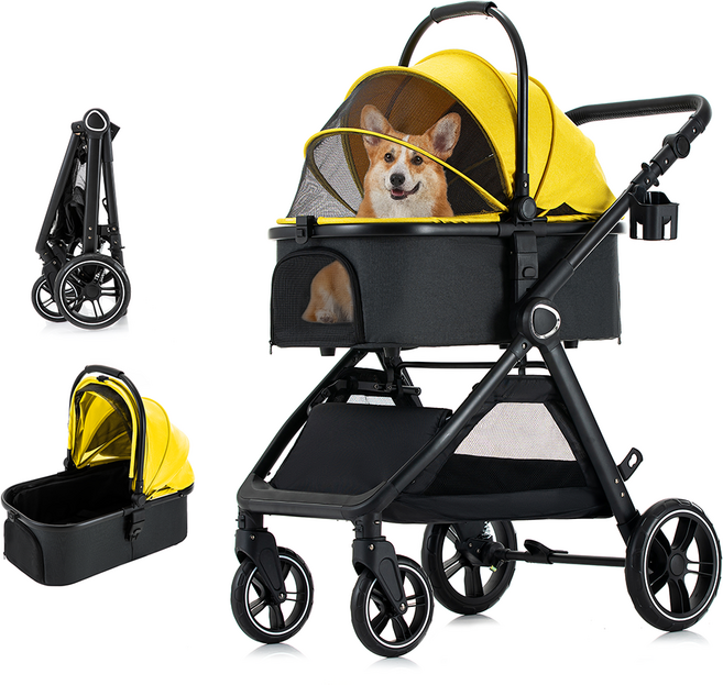 Nuvella 프리미엄 반려동물 유모차 강아지 퀵폴딩 디럭스 강아지유모차 개모차 고양이유모차, 옐로우