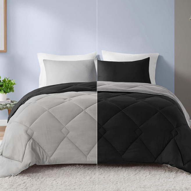 Comfort Spaces Vixie 모던 지오메트릭 쿼터포일 구름 퀼트 디자인 사계절용 다운 대체 침구 세트 매칭 베개 커버 풀/퀸(228.6cm x 228.6cm)(9, 블랙/그레이