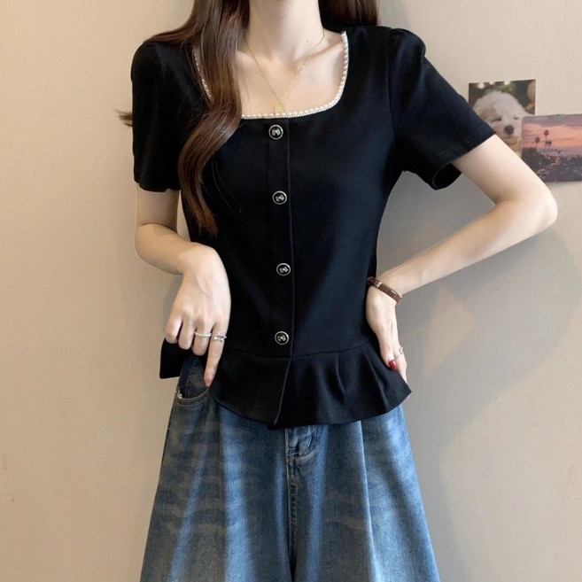 Makone 여성 스퀘어넥 빅사이즈 프렌치 반팔 블라우스 밑단 패치워크 프릴트리밍 캐주얼 트랜드 슬림핏 데이트룩