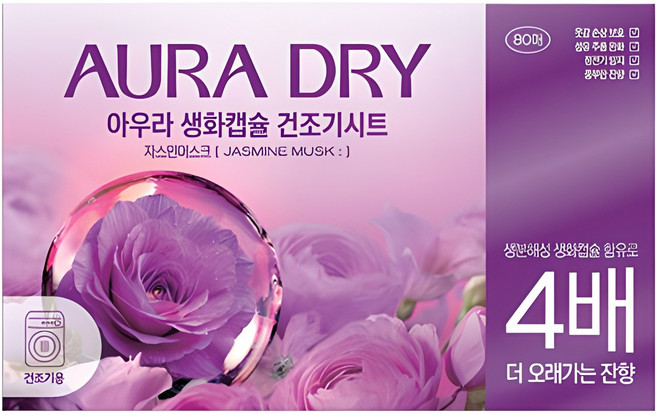 아우라 드라이 생화캡슐 시트 섬유유연제 자스민머스크향 본품, 80개입, 1개