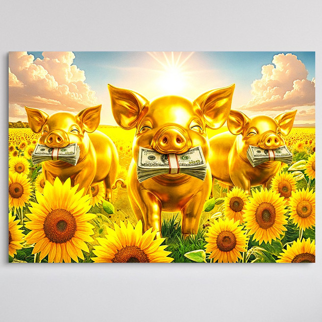 [인메이블] 돈들어오는 해바라기 밭 부자 아기돼지 5종 그림 풍수 개업 선물 인테리어 그림 캔버스 액자 거실 현관 복도 인테리어 재물운 벽 인테리어, 04.해바라기 밭 부자 황금아기돼지 3총사