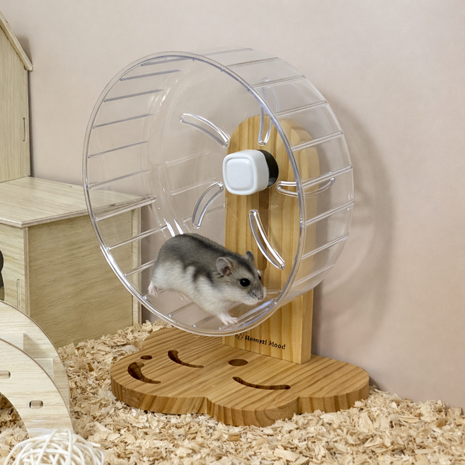 햄찌무드 햄스터 무소음 아크릴 쳇바퀴 + 원목 거치대, 1개