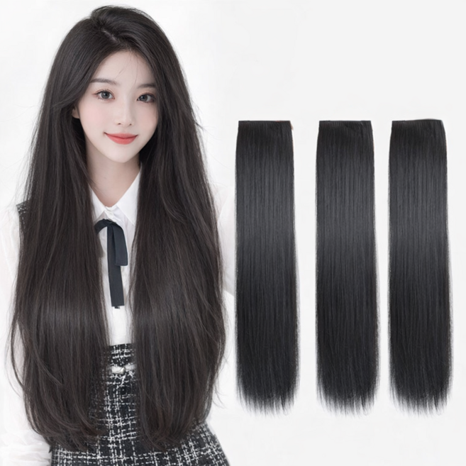 클릭코 헤어피스 60cm 붙임머리 인모 스타일 똑딱이 생머리 여성 부분가발, 3개, 블랙