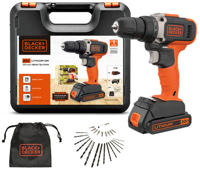 블랙앤데커 20V MAX 무선 충전 드릴 드라이버 세트 EBCD703K, 1개