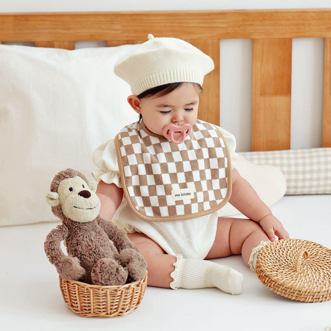 마롤로뜨 테리 체커보드 사각 아기 턱받이 신생아 침받이, 1개, 1개입, 베이지_테리 체크 사각 턱받이