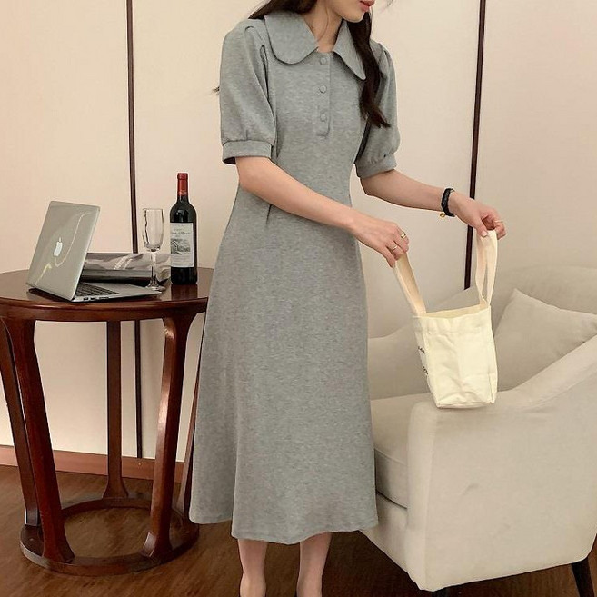 스타일아유 여성 여름 소프트 반팔 퍼프소매 카라 캐쥬얼 롱 원피스 [A3G3OP1326]