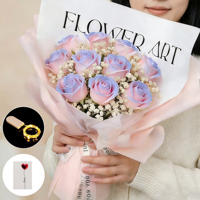 Firina LED 비누꽃다발 장미 졸업선물 꽃다발 기념일 선물 리본포장 쇼핑백 카드 포함, 블루, 1개