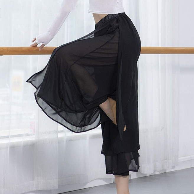 Makone 여성 현대 클래식 무도복 무용바지 망사 찰랑찰랑 이중사 바지 와이드 치마바지