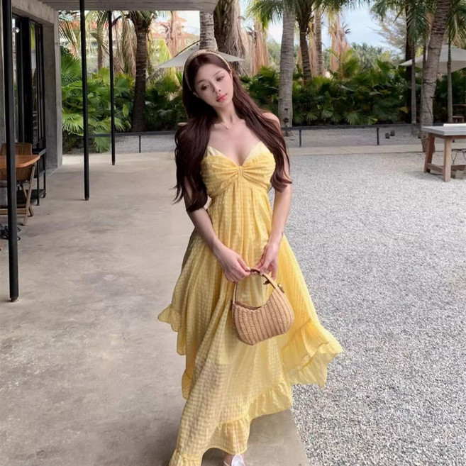 法式黃色格子吊帶連衣裙女 夏高級性感露背海邊度假沙灘長裙, 1個, 黃色L