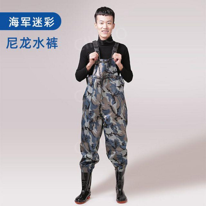 방수바지 남녀 공용 허리 장화 낚시 모내기 갯벌 체험 웨이더 바닷가 허벅지 슈트 나일론, 네이비 카무플라주 나일론 빕 팬츠