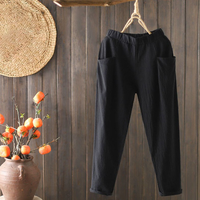 여성 빈티지 배기 팬츠 세미캐주얼 코디 시원 면 소재 봄 여름철 빈티지 스타일 모던 루즈핏 편안함 개량 한복 긴바지
