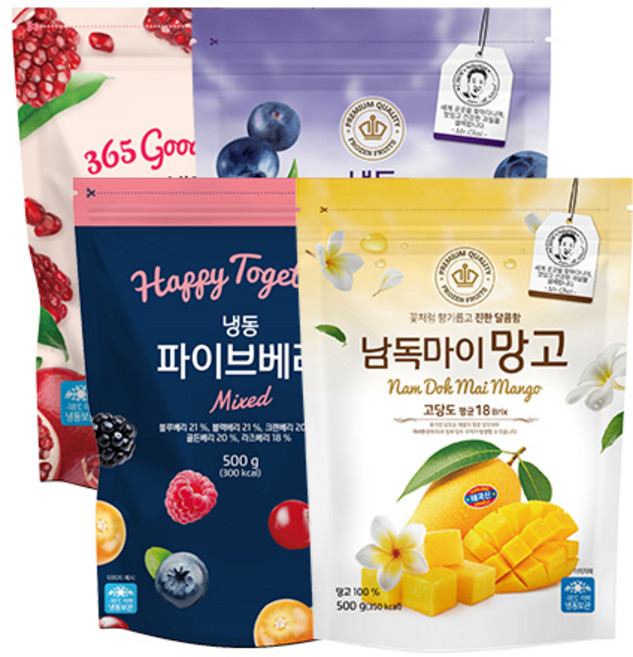 [웰팜] 냉동과일 꿀조합 4종 (파이브베리 500g + 점보블루베리17.5mm 500g + 남독마이망고 500g + 냉동석류 500g)