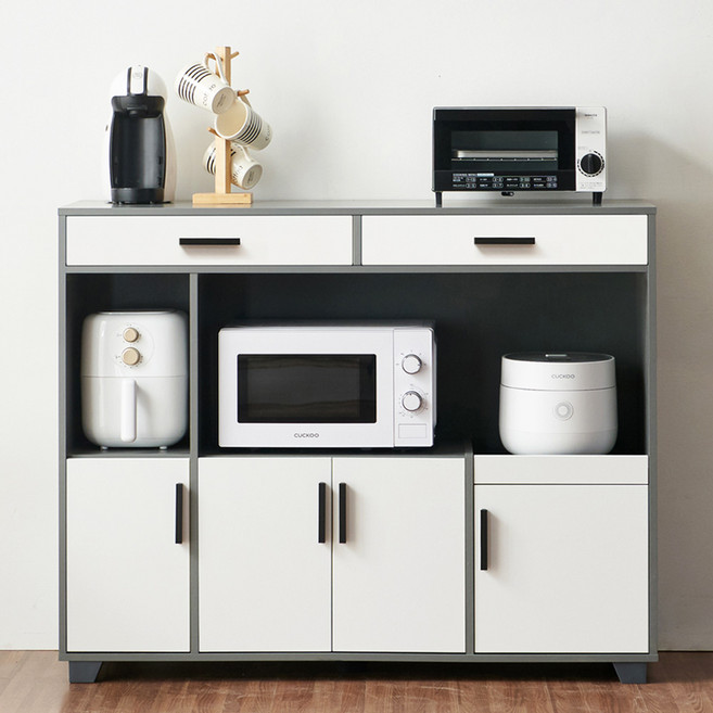 스타2 1200 와이드 서랍 렌지대 4단 선반 밥솥다이 전자레인지 다용도 주방 수납장, 그레이화이트, 3단