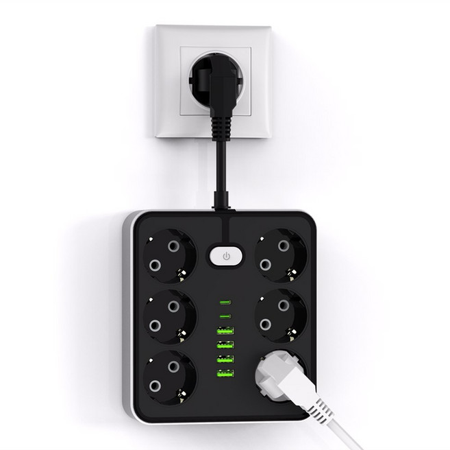6 AC 콘센트 4 확장기 2 가정용 전기 스트립 플러그 벽면 타입 EU 소켓용 USB 있는 포트 전원 충전기 C 스위치가, Eu 플러그, Bla