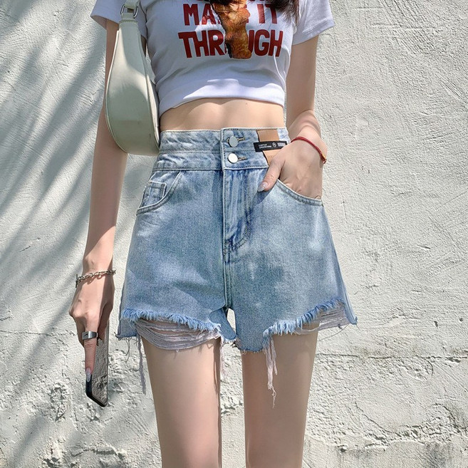 女款高腰牛仔短褲 毛邊A字休閒闊腿褲